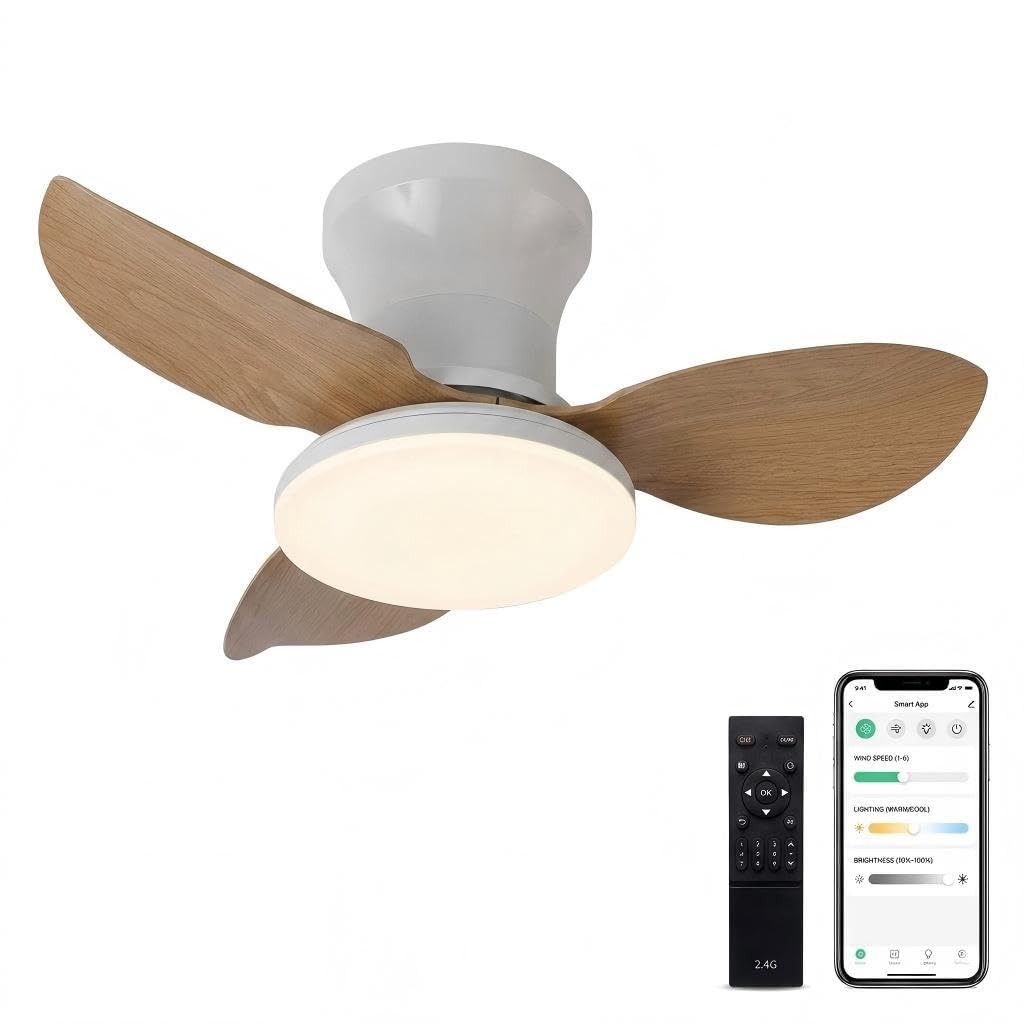 HXYSXHJUO 25 Inch Smart Wood Ceiling Fan with Light, Stepless Dimmable Flush Mount App/Remote Control, Modern Quiet Reversible 3-Blade Lighting for Indoor Bedroom, 220V Energy Saving (Light Wood)