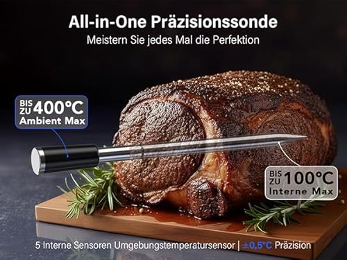 tracken Kerntemperatur mehrerer Stücke simultan (108 Zeichen). - Detailansicht von BFOUR WiFi Grillthermometer...