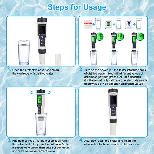 PH Meter, 4-in-1 PH/TDS/EC/Temperature Water Quality Tester, LCD Green Backlight Display Water Quality Tester for Aquarium/Hydroponics/Drinking Water/Pool/Pond