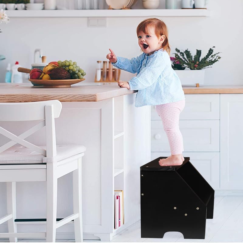 Miniatura 2 de Taburete apilable de madera de 2 niveles, taburete escalonado para baño, taburete de doble paso para cepillar los dientes, organizador de