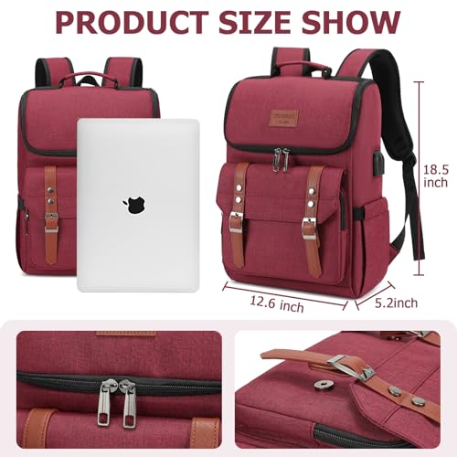 Image of YALUNDISI Vintage Backpack Travel Laptop Backpack with usb Charging Port for Women & Men College Backpack Fits 15.6 Inch Laptop Red Brown