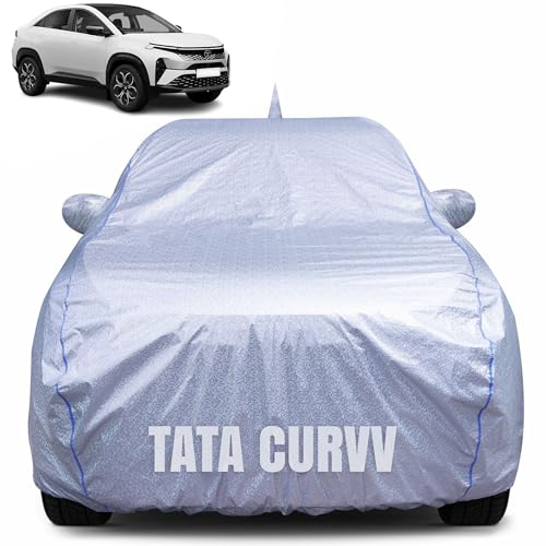 Image of 100% Waterproof Car Body Cover for Tata Curvv with Mirror Pocket, Heat & UV Resistant, Triple Stitched, Soft Lining, Bottom Elastic & Piping (Silver Reflective)