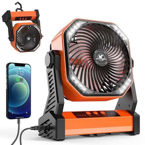 KITWLEMEN 20000mAh Battery Powered Camping Fan – 58H Max Cooling, Rechargeable Battery Operated Desk Fan with 4 Speeds, Bright Light & Hanging Hook, Portable for Tent Outdoor Hurricane Power Outage