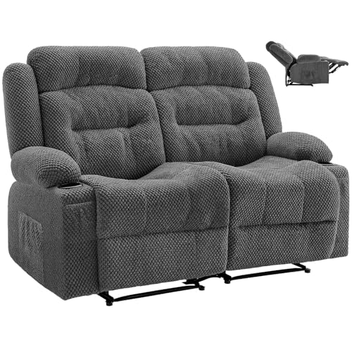 Image of VEVOR Loveseat Recliner Sofa, Manual Reclining Couch with Heating and Massage, Soft Corduroy Recliner Sofa with USB Ports, Cup Holders and Side Storage Bags, Dual Loveseat Chair for Living Room, Grey