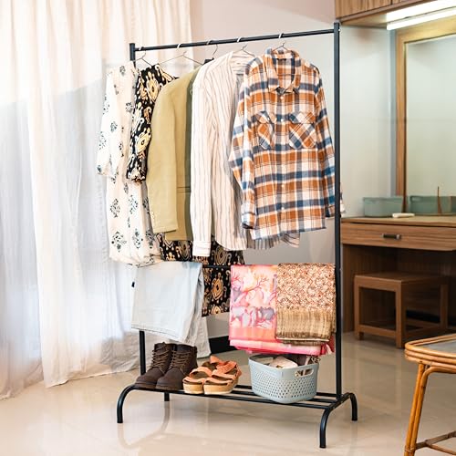 Image of D&V Engineering Heavy-Duty Metal Clothes Rack, Freestanding Garment Rack with Bottom Storage Shelf, Single Rail Clothing Organizer Stand for Bedroom, Entryway & Living Room, 41x94.5x161 cm
