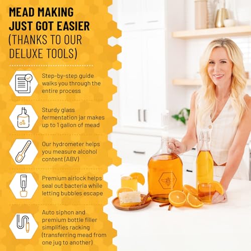 Image of Complete Mead Making Kit for Beginners - Home Brewing Starter Kit - Includes 1 Gallon Glass Jug Carboy - Alcohol Hydrometer for Alcohol Test - Auto Siphon - Airlock - How to Guide and More