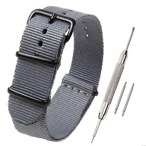 Airself NATOタイプ 時計ベルト 時計バンド ナイロン 替えバンド 替えベルト (交換説明書 交換工具 バネ棒付) (20mm, グレー 黒バックル)