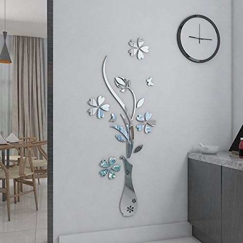 Mirror Flower Vase 3D Crystal Acrylic DIY& Murals For Entranceway, Living Bedroom Dining Room Décor Home Decoration (15.75" 39.37", Silver)