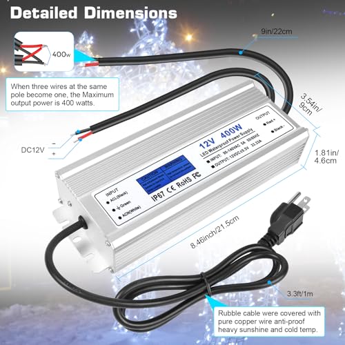 Image of 12V 400W LED Driver Power Supply, IP67 Waterproof Low Voltage Transformer, AC to DC 12V 33.3A Constant Voltage Converter for Outdoor LED Strip Lights, Landscape Lighting, Computer Project, Outdoor Use