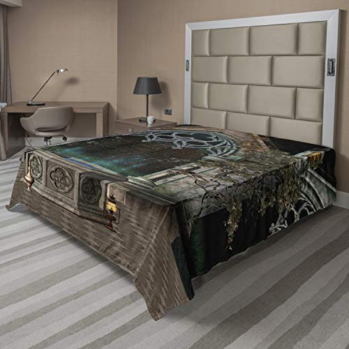 Ambesonne Gothic Flat Sheet, Patio with Enchanted Wishing Well Ivy on Antique Gateway to Forest, Soft Comfortable Top Sheet Decorative Bedding 1 Piece, Queen Size, Grey Teal