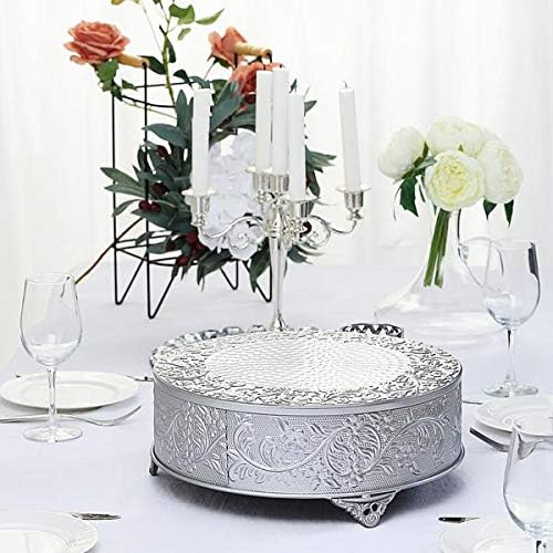 TABLECLOTHSFACTORY SILVER Round Embossed Metal Cake Plateau Stand Riser Wedding Dessert Display Plate