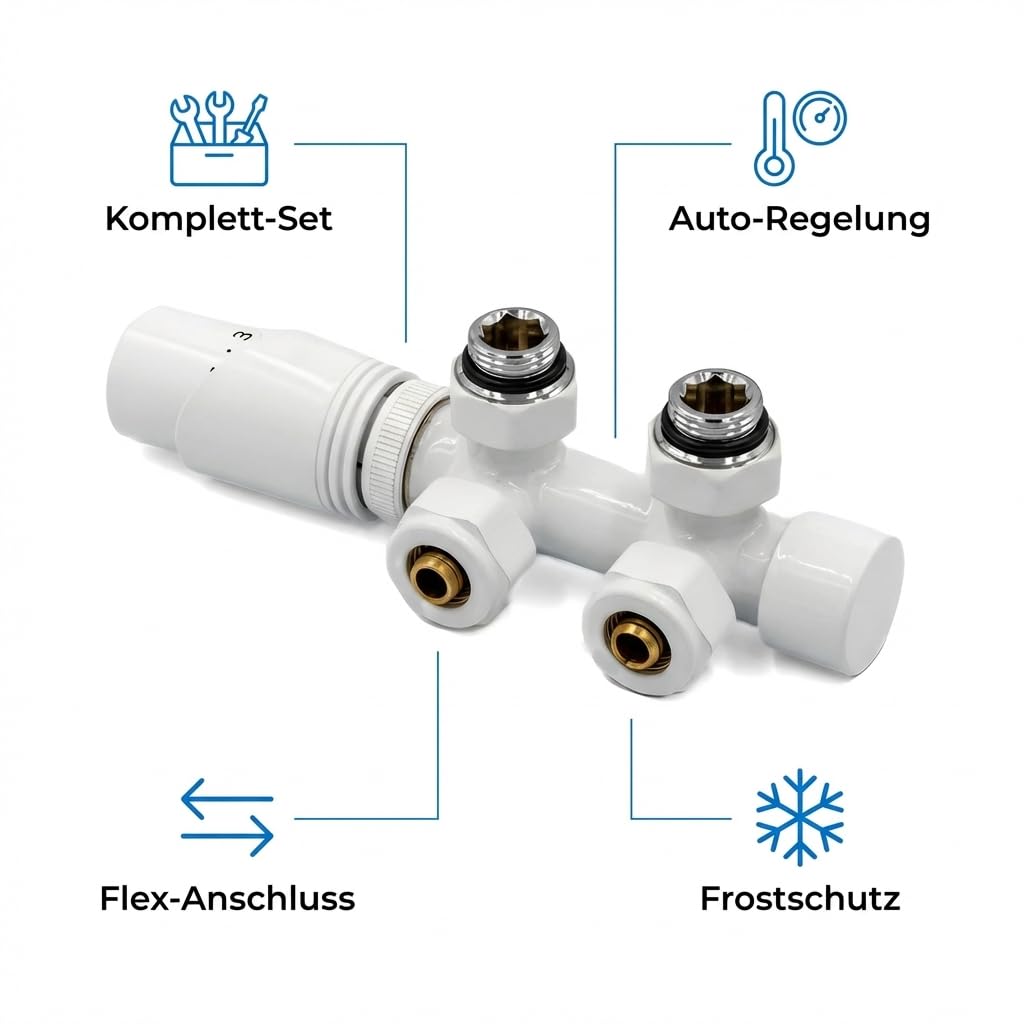 KNM Trade Multiblock Set Heizkörper Thermostat Weiß | Winkelkombinationsventil, Frostschutz, PEX/AL/PEX, Ventilkopf M30, Design, Heizkörper