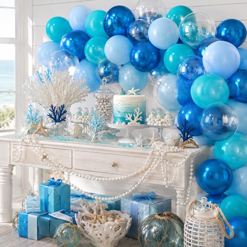 Image of Blue Ocean Balloons, 50Pcs 12 Inch Teal Metallic Latex for Summer Party | Maca Blue Teal Balloons for Ocean Beach Summer Pool Baby Shower Wedding Under the Sea Kid's Birthday Party Decor