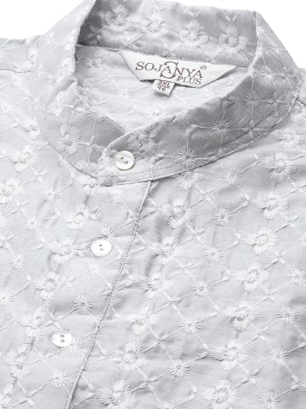 Sojanya Men's Silk Blend Light grey Embroidered Kurta & Self Design Nehru jacket With White Churidar Set4