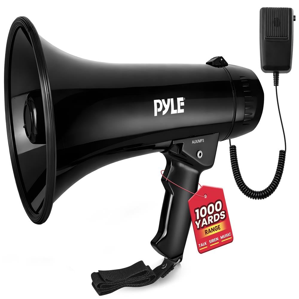 Pyle Altoparlante megafono ricaricabile da 50 W, a forma di corno forte con sirena, volume regolabile, portatile, Mega telefono per allenatori, insegnanti, eventi, sport e uso all'aperto