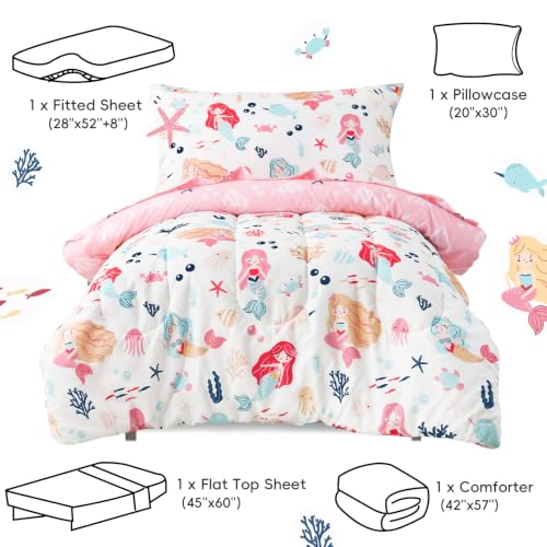 Image of PHF 4 Piece Toddler Bedding Set, Ultra Soft Toddler Comforter Sets Include Comforter, Fitted Sheet, Flat Top Sheet and Pillowcase for Girls, Bed in A Bag for Baby Bedroom, Mermaid