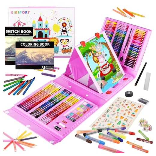 Maletin Pinturas para Niños, KINSPORY 228 Piezas Juegos de Dibujo, Pinturas para Niños, Acuarelas Niños, Lapices de Dibujo, Caballete Pintura (Rosa)