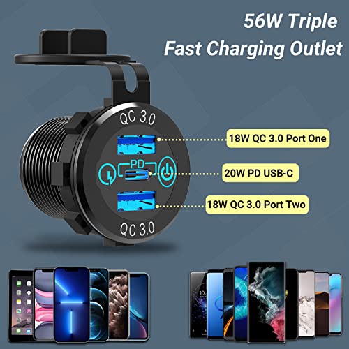 56W Usb C Car Charger Socket, Ouffun Aluminum Metal 12V/24V Multiple Usb Outlet Pd 20W Usb-C And Dual Qc3.0 Ports With Power Switch Car Usb Port 12V Socket For Car Rv Boat Marine Truck Golf Motorcycle #TOP1