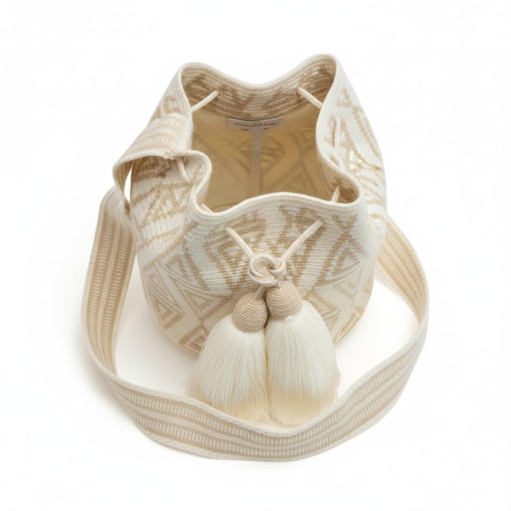 Wayuu Mochila-Tasche, groß, neutrale Farben, authentisches Häkelmuster, handgefertigtes Boho-Fairtrade-Geschenk aus Kolumbien, Mehrfarbig/Meereswellen (Ocean Tides), Large