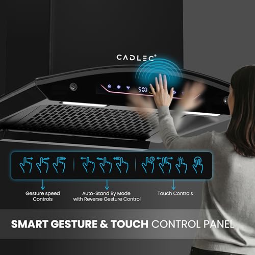 Image of Cadlec CurveFlow 60cm 1800m /hr BLDC Filterless Auto Clean Curved Glass Kitchen Chimney | Built-in Oil Collector | Touch & Gesture Control | Turbo Mode | 20Y Motor & 5Y Comprehensive Warranty | Black