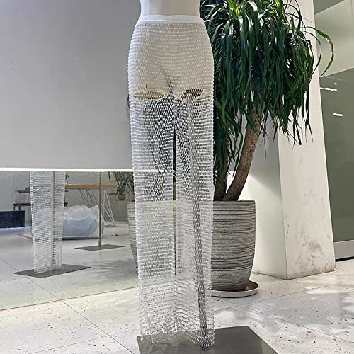 Women Crystal Rhinestone Mesh Pants Hollow Out Fishnet Leggings Rave Party Festival Club Trousers Beach Cover Up
