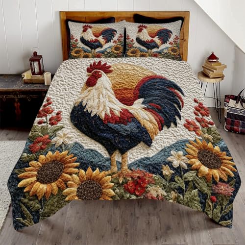 BEKAINES Personalized Patchwork Rooster Farmhouse Quilt Set, Rustic Country Chicken