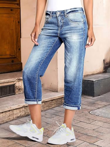 Flamingals Straight Leg Capris for Women Mid Rise Casual Roll Hem Denim Capris2