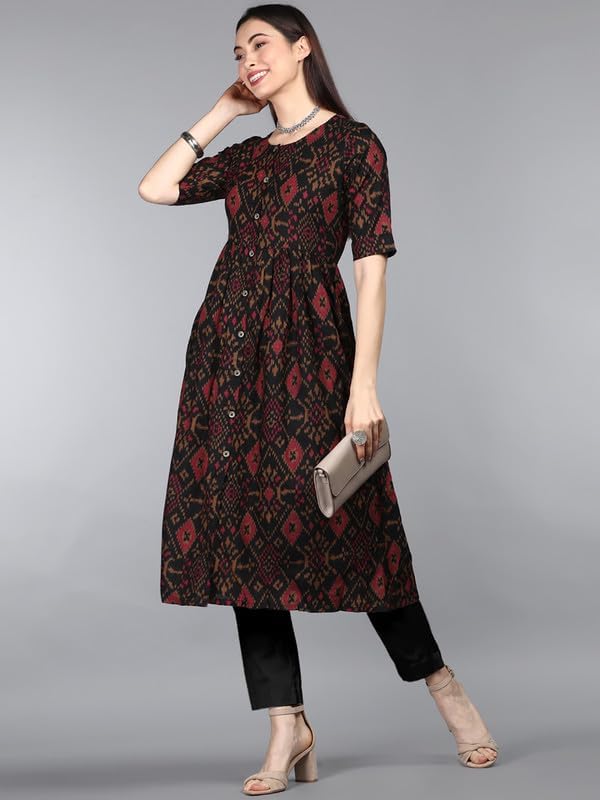 Image of Vaamsi Women's Geometric Printed Flared Kurta (VCK1371A Black)