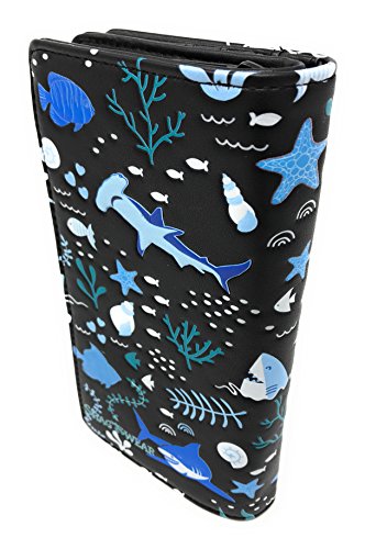 Shag Wear Shark Pattern Large Wallet for Women and Teen Girls Vegan Faux Leather Black 7"2