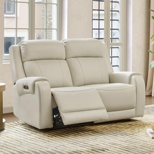 Image of CHITA Genuine Leather Power Recliner Sofa, Loveseat Reclining Sofa, Cream