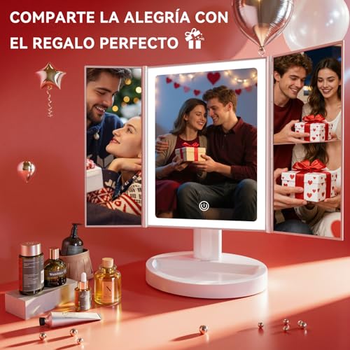 Miniatura 10 de Auxmir Espejo Maquillaje Con Luz 2000mah Recargable 10x 5x 1x Aumento Tríptico 68 Leds Pantalla Táctil Brillo Regulable 180 Giratorio 3 Colores Luz Usb, Blanco