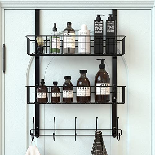 Aimeaihe Over The Door Hooks, Door Hanger Towel Rack with 10 Coat Hooks & 2 Mesh Baskets, Over Door Organizer for Bathroom, Bedroom, Kitchen, Office, Easy Installation, Black