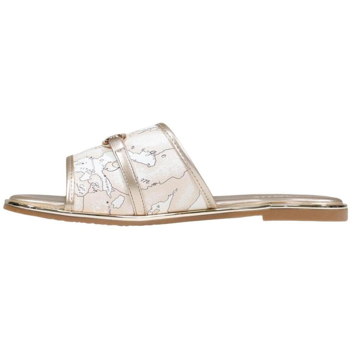 1ª Classe Sandalo Piatto da Donna, Bianco e Oro, Stampa Mappa del Mondo, Slip On, Pelle Sintetica (38)