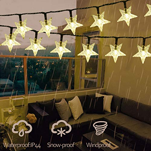 Windpnn Solar String Lights Outdoor, Solar Powered Star Lights, 30ft 50LED 8 Modes Waterproof Christmas String Lights for Gardens Patio Landscape Xmas Tree Decorations(Warm White)