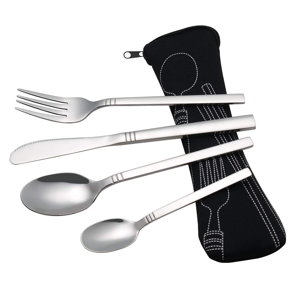 Kiddream 4 Pieces Camping Fork Knife Spoon Set Travel Cutlery with Case