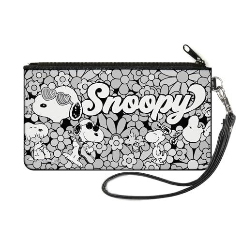 Buckle-Down Peanuts Wallet Zip Pouch Snoopy Poses and Daisy Flowers Collage Black Grays White Canvas