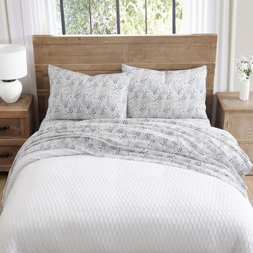 Image of Tahari Home Twin Size 3-Piece Bedding Set - 2 Sheets & 1 Matching Pillowcase | Fitted & Flat Sheets | Cozy & Warm Brushed Flannel | Soft & Breathable | Durable & Wrinkle Resistant | Pine Taupe Blue