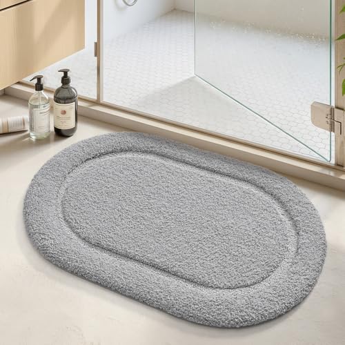 Image of Color&Geometry Oval Grey Bathroom Rugs 43x24, Extra Soft Absorbent Microfiber Bath Rugs, Non-Slip Bathroom mat, Washable Plush Bath Mats for Bathroom, Shower, Bathtub, Laundry, Light Grey