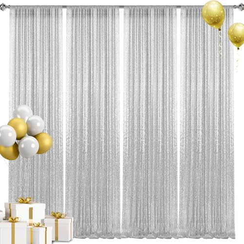 2×8FT-4PCS Silver Sequin Backdrop Curtains Panels, Photography Backdrop Glitter Curtains Fabric Background for Christmas Wedding Party Decor