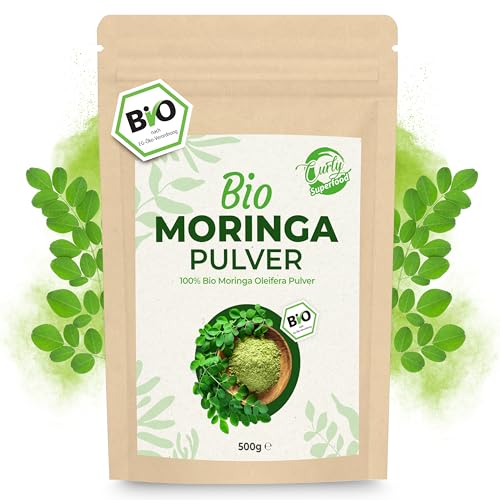 Curly Superfood Moringa Pulver Bio 500g - 100% naturreine BIO Rohkostqualität - Fein gemahlenes Bio Moringa Pulver für Moringa Tee, Smoothies, Säfte & Speisen