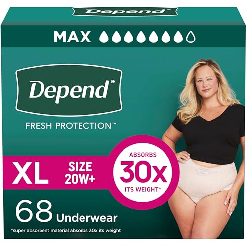 Image of Depend Fresh Protection Adult Diapers, Incontinence & Postpartum Bladder Leak Underwear for Women, Disposable, Maximum, Extra-Large, Blush, 68 Count (2 Packs of 34), Packaging May Vary