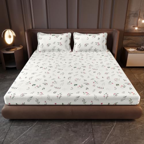 Image of Divine Casa Cotton King Size Bedsheet | 210 TC Soft Breathable Pigment Twill Satin Bed Sheet with 2 Pillow Covers | Luxury Bedding Set | 275 x 275 cm (Cream Pink, Floral)
