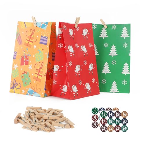 Adventskalender zum Befüllen 2025,24 DIY Adventskalender zum Befüllen Kinder mit Aufkleber Weihnachten,Weihnachtskalender zum Befüllen mit Aufkleber und Holzklemme für Kinder und Erwachsene