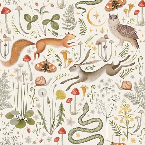 ReWallpaper Carta Da Parati Tropicale Beige e Verde Carta Adesiva per Mobili Bambini Animali Pellicole Adesive Fantasia Funghi Conigli Serpenti Rotolo Decorativo Adesivo per Parete Armadio 44.5CMx3M