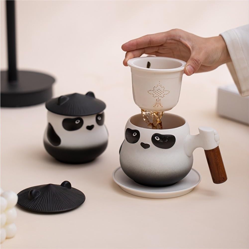 LYGSWDB Teedose, Keramik-Vorratsdose für losen Tee, kreatives Panda-Teeglas, Büro-Teetasse, Kombinationsset, Bürofilter, Teesieb, Tasse, Teedose (E)