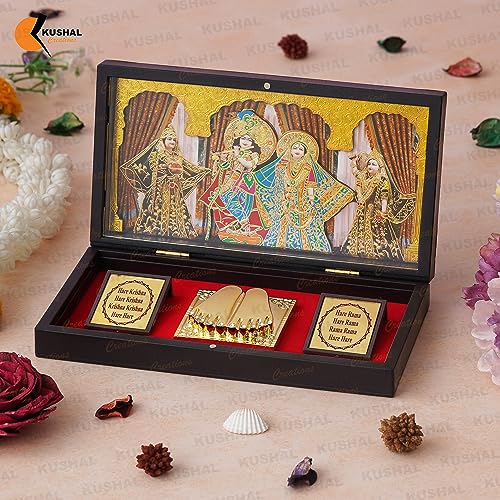 Image of 24K Gold Plated Religious Frame Photo Frame with Charan Paduka Return Gifts for Home Puja Office (RADHA KRISHANA)