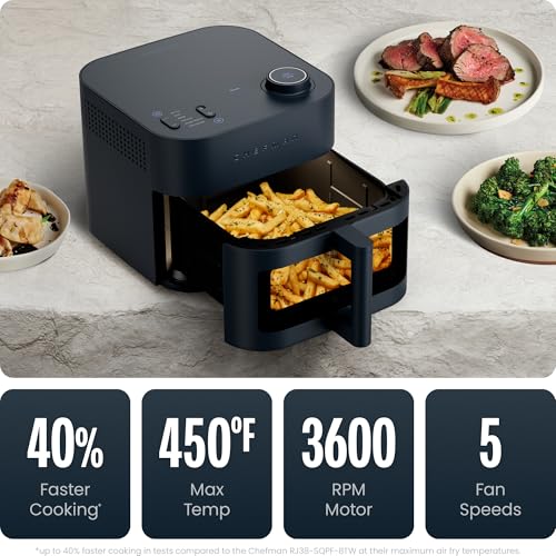 Chefman Crispinator Air Fryer 6-in-1 with 8 Qt capacity, 450°F Max Temp with TurboFry Pro Technology for Fast and Even Results, Viewing Window, Nonstick Ceramic Basket, 10-Pc Liner Starter Pack