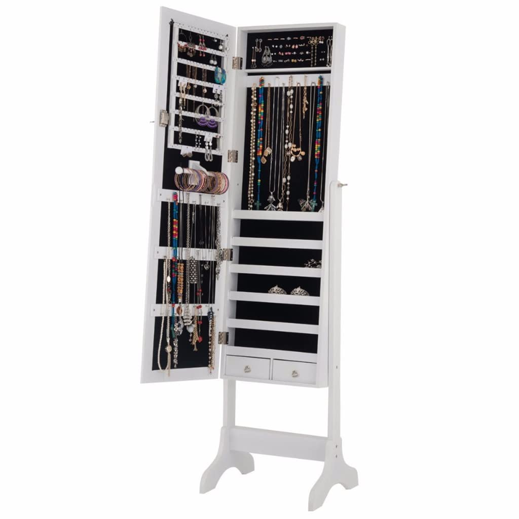 TIANQIHAO Lockable Mirror Jewelry Wardrobe Storage Organizer Box With Drawers White Home Furniture