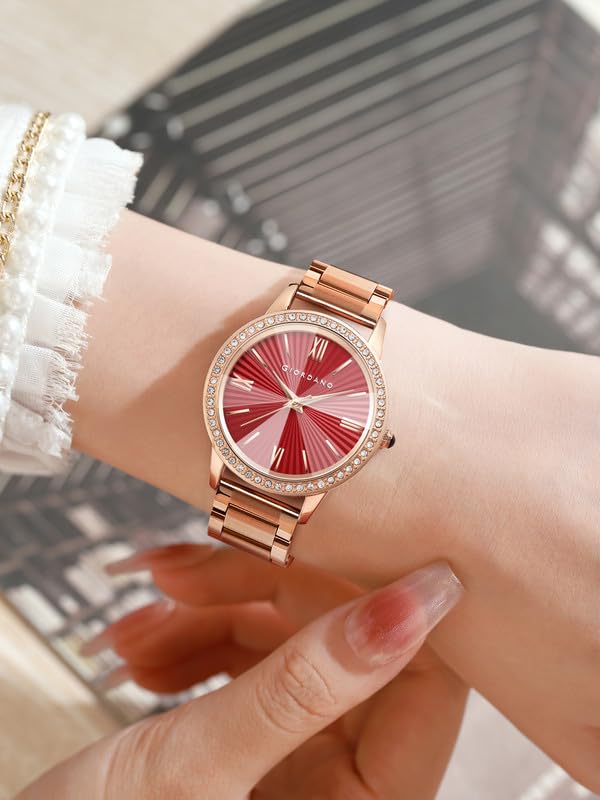 Image of Giordano Analog Watch for Women with Sunray Round Dial, Crystal Studded Bezel, Roman Numerals Markers, Quartz Movement and Rose Gold Stainless Steel Strap - GZ-60118