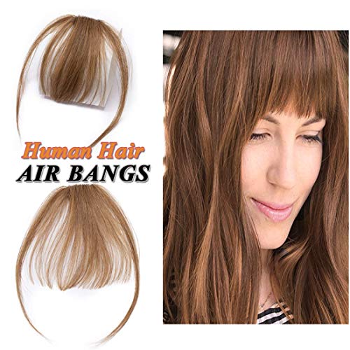 Clip in Air Bangs Human Hair Extension with Temple Thin Tied Mini Air Fringe Hair Piece Front Full Neat Air Fringe for Women One piece #06 Light Brown